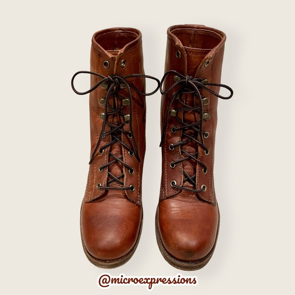 Frye Karen Cognac Leather Combat Lace Up Combat Wood Block Heeled Ankle Booties - Picture 6 of 14